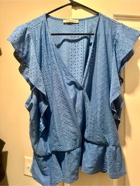 BCBGMaxAzria Light Blue Eyelet Ruffle Wrap Blouse
